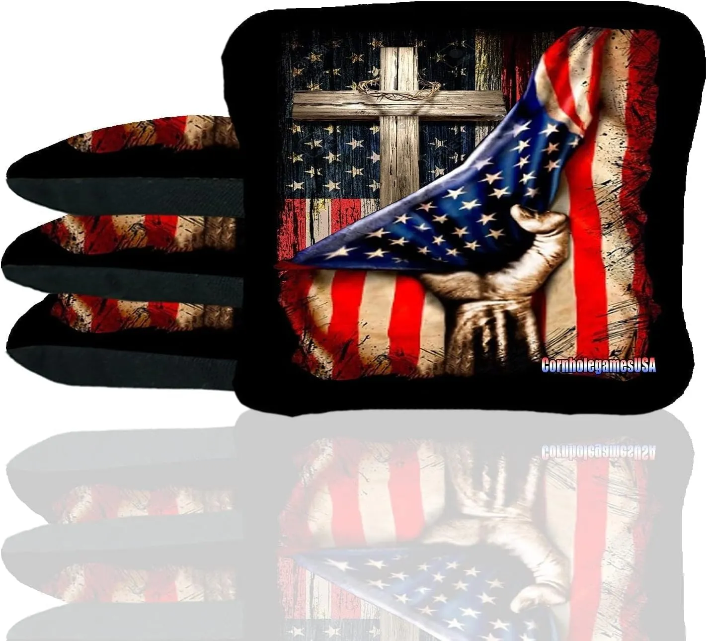Skip's Garage American Flag Pulled Back Cross Cornhole Bags - Duck Cloth - Choose Corn Filled or All-Weather Resin Corn Hole Bags