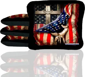 Skip's Garage American Flag Pulled Back Cross Cornhole Bags - Duck Cloth - Choose Corn Filled or All-Weather Resin Corn Hole Bags