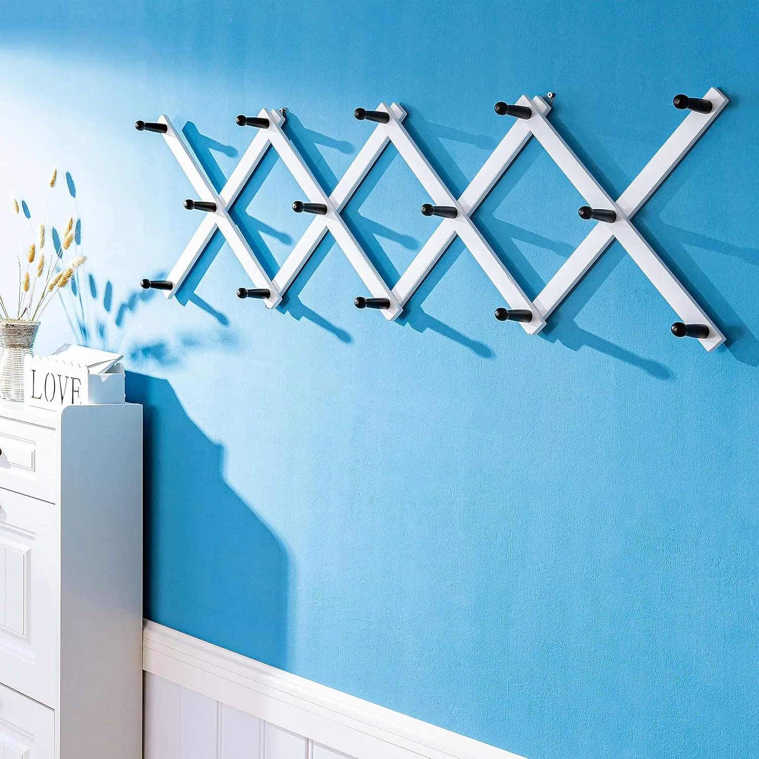 SKOLOO Hat Rack for Wall with 14 Hooks, Solid Wooden, Modern, Expandable Coat Rack Wall Mount for Coats, Hats, Bags, Baseball Caps, Black on White