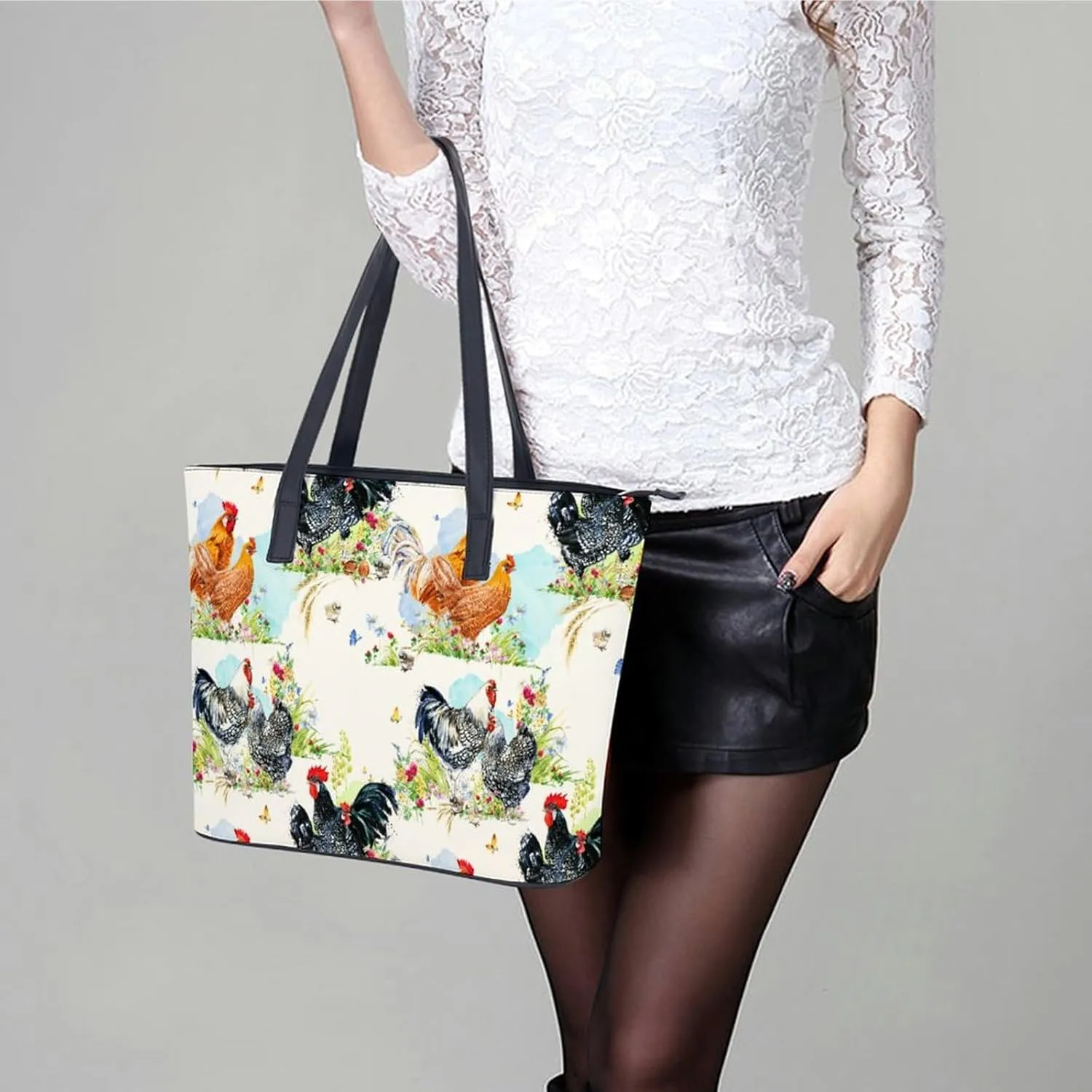Skull Flowers Cherry Black And White Leather Handbag Smooth Wrinkle Resistant Lightweight And Convenient
