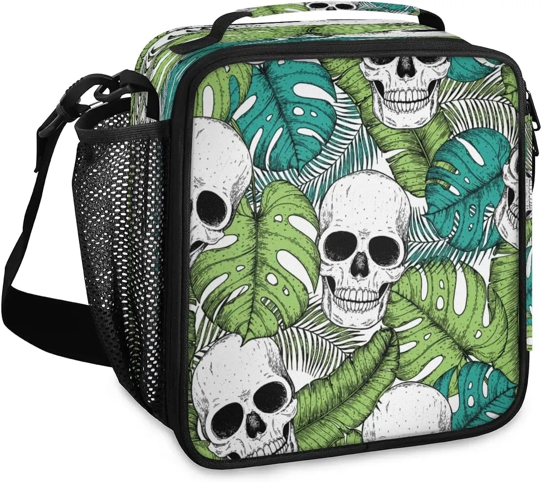 Skull Tropic Leaf Lunch Box for Women Insulated Meal Prep Bag Lunchbox Men Small Lunch Boxes Reusable Lunch Bag with Adjustable Shoulder Strap for Office Work Picnic