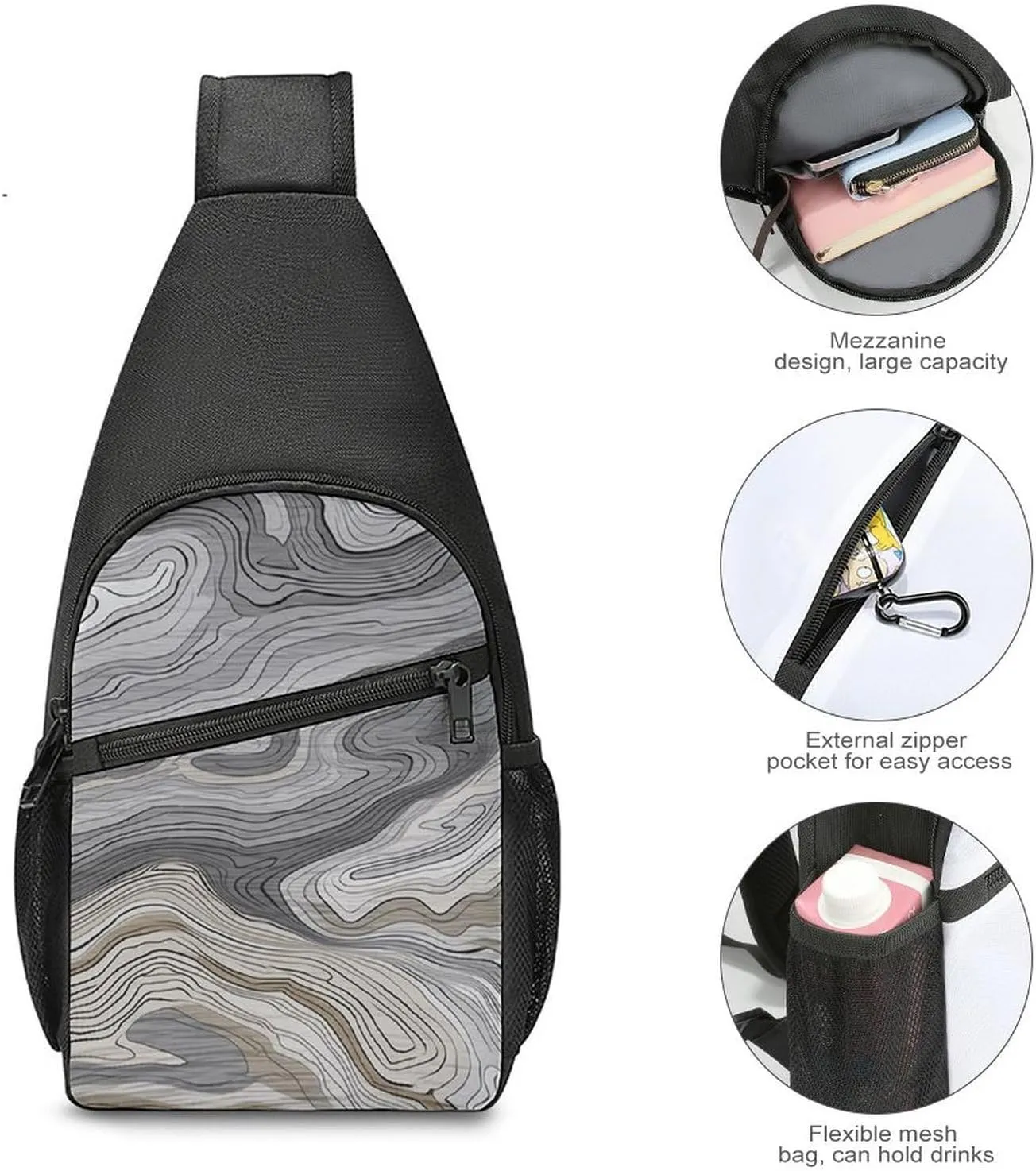 Sling Backpack for Women Men Crossbody Chest Bag Travel Gray Wooden Texture Daypack Shoulder Bag for Hiking