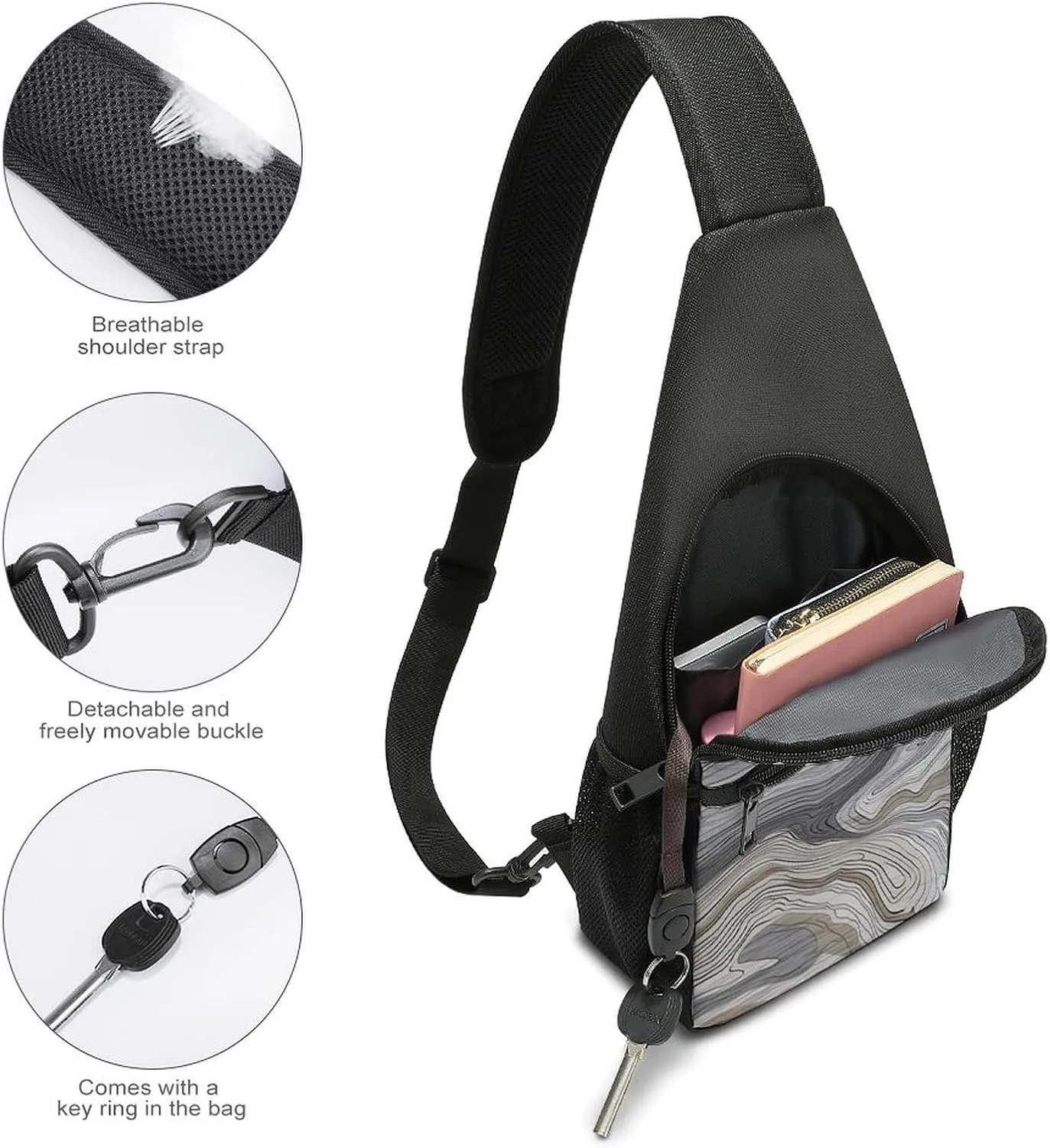 Sling Backpack for Women Men Crossbody Chest Bag Travel Gray Wooden Texture Daypack Shoulder Bag for Hiking