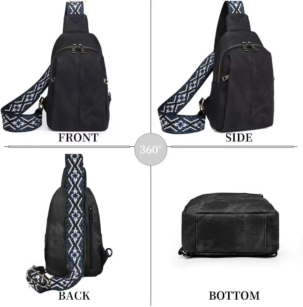 Sling Bag for Women Crossbody Purse Vegan Leather Crossbody Bags Fanny Pack Purse Backpack Over Shoulder Bag with Adjustable Guitar Strap for Travel, Black