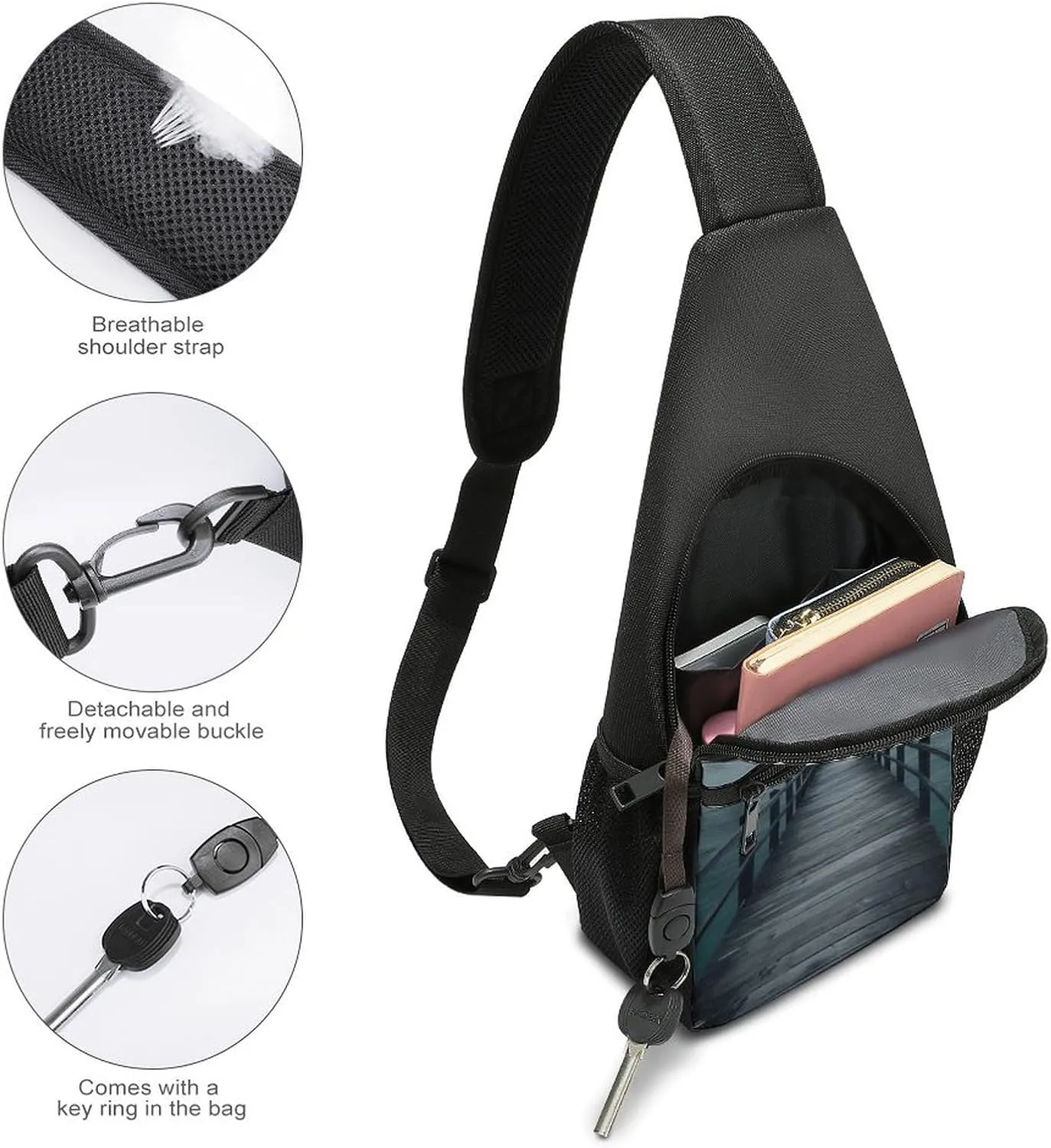 Sling Bag for Women Men Crossbody Bag Chest Bag Wooden Plank Road Sling Backpack Fanny Packs Travel Hiking Daypack