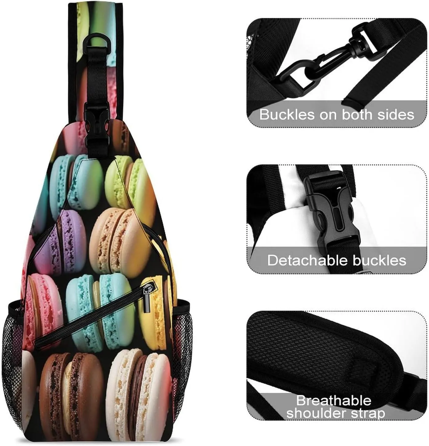 Sling Bag for Women Men Macaron Biscuit Flavored Pastries Travel Hiking Backpack Crossbody Shoulder Chest Bags Casual Daypack
