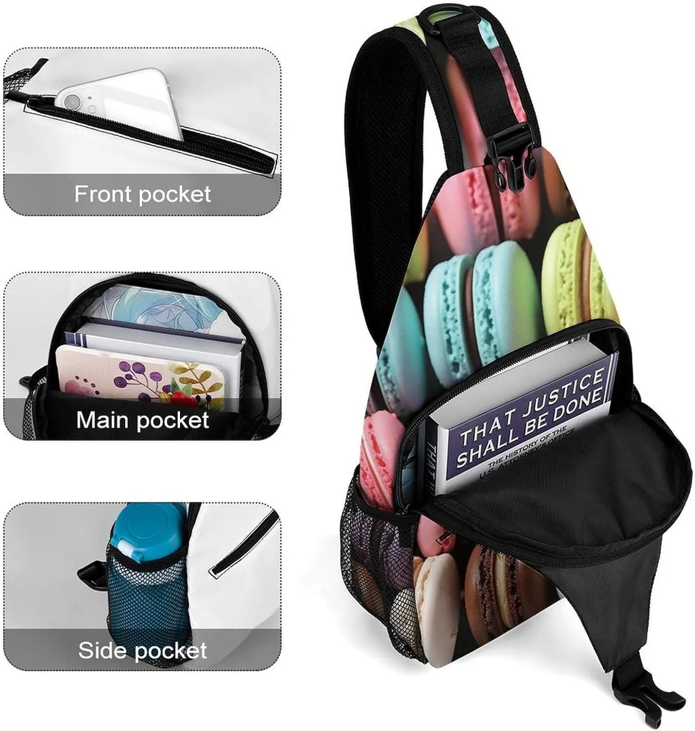 Sling Bag for Women Men Macaron Biscuit Flavored Pastries Travel Hiking Backpack Crossbody Shoulder Chest Bags Casual Daypack