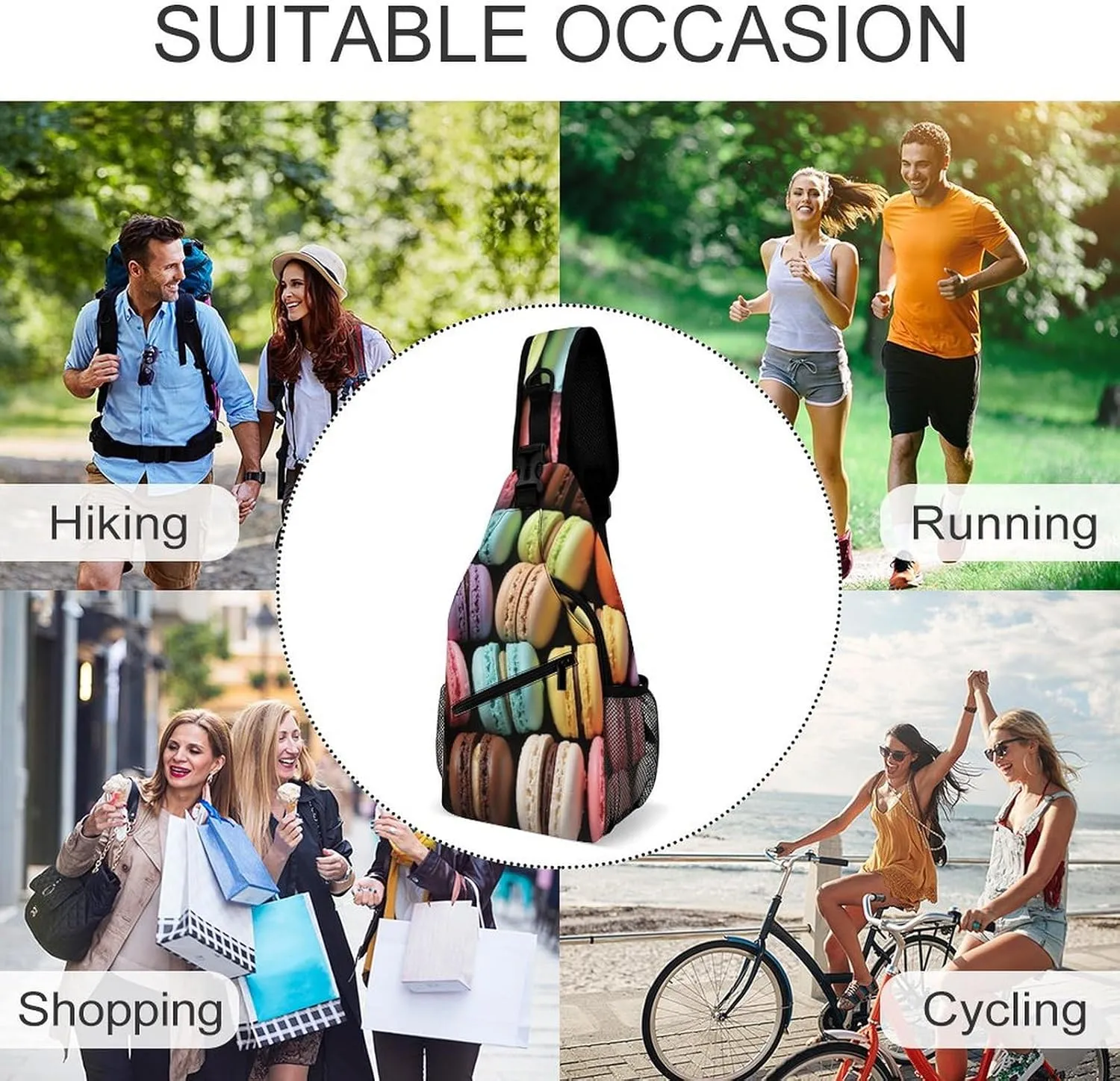 Sling Bag for Women Men Macaron Biscuit Flavored Pastries Travel Hiking Backpack Crossbody Shoulder Chest Bags Casual Daypack