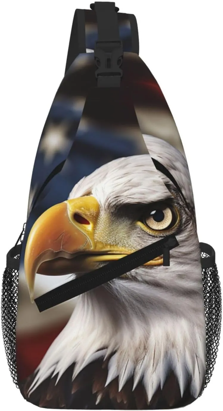 Sling Bag For Women Men Travel Hiking Backpack Crossbody Shoulder Chest Bags Bald Eagle Us Flag Pictures Casual Daypack