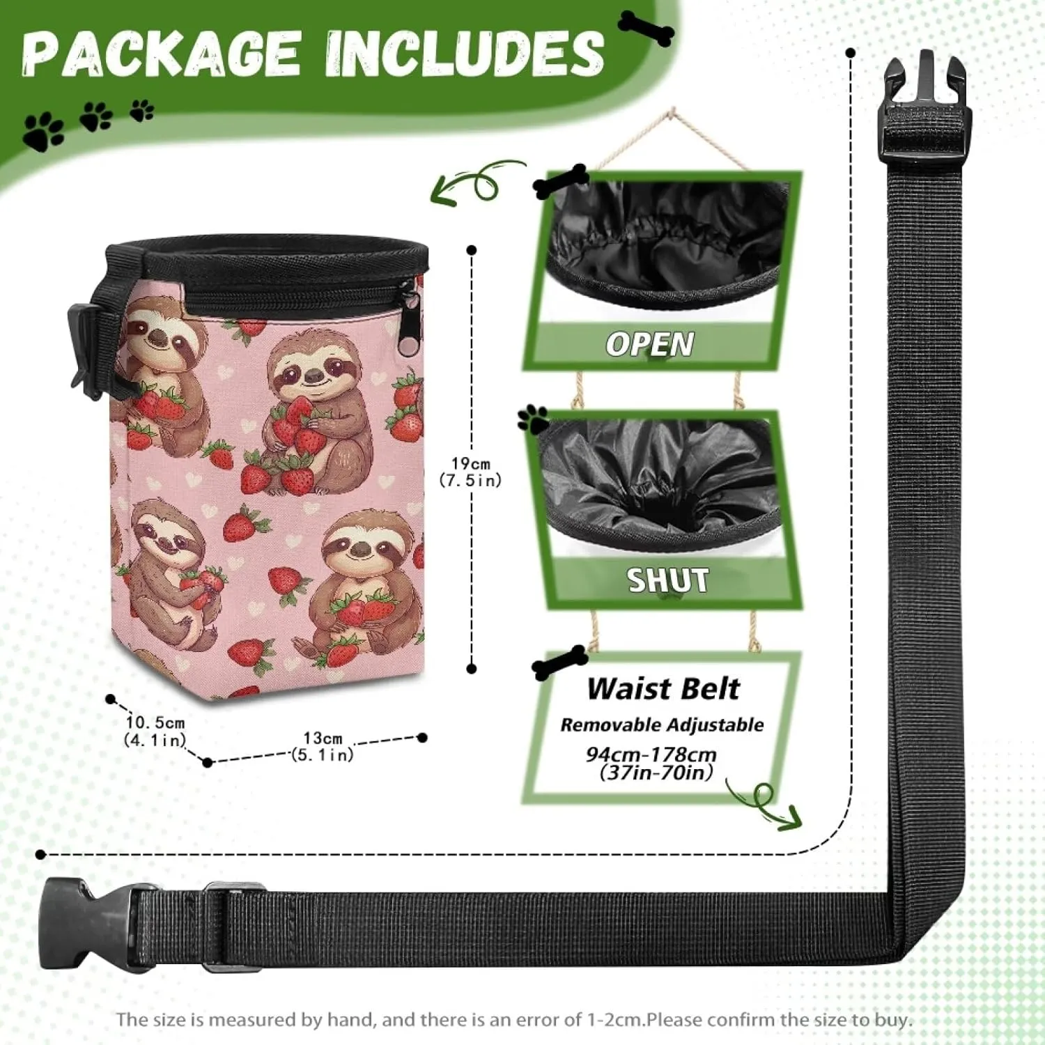 Sloth Strawberry Puppy Training Pouch Treat Pouches for Pet Training, Dog Walking Bag Pet Feed Snack Reward Pouch Multiwear Treat Tote with Waist Belt Shoulder Strap