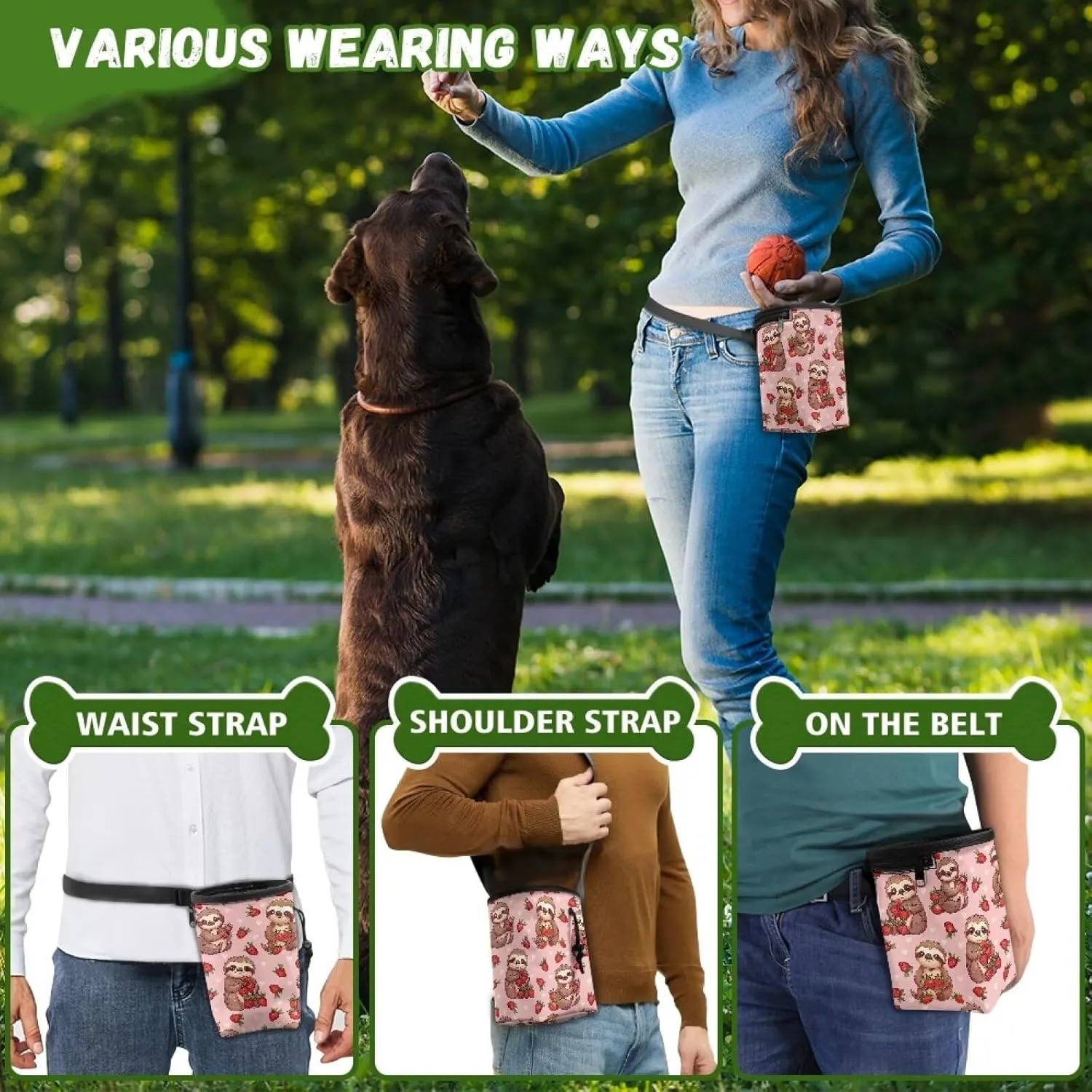 Sloth Strawberry Puppy Training Pouch Treat Pouches for Pet Training, Dog Walking Bag Pet Feed Snack Reward Pouch Multiwear Treat Tote with Waist Belt Shoulder Strap