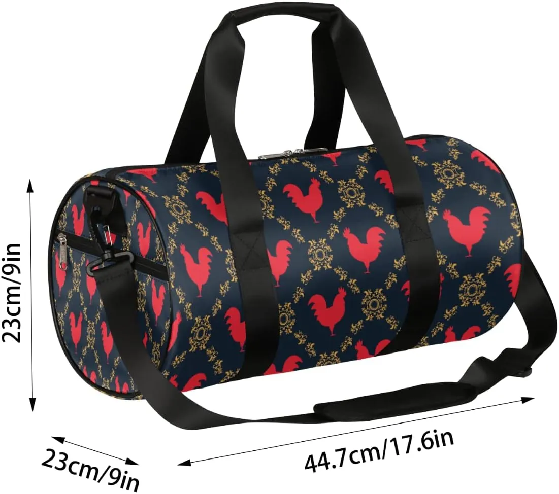 Small Gym Duffel Bags 17.8×9×9 Cock Red Golden Gym Bag for Men Women Overnight Weekender Bag Lightweight Sport Duffle Bag Carry On Gymbag