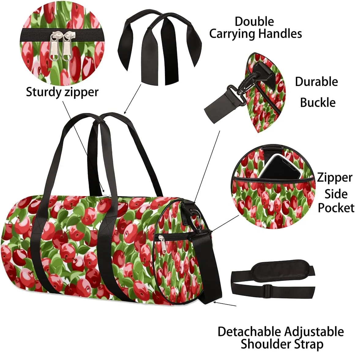 Small Gym Duffel Bags 17.8×9×9 Crisp Cherry Gym Bag for Men Women Overnight Weekender Bag Lightweight Sport Duffle Bag Carry On Gymbag