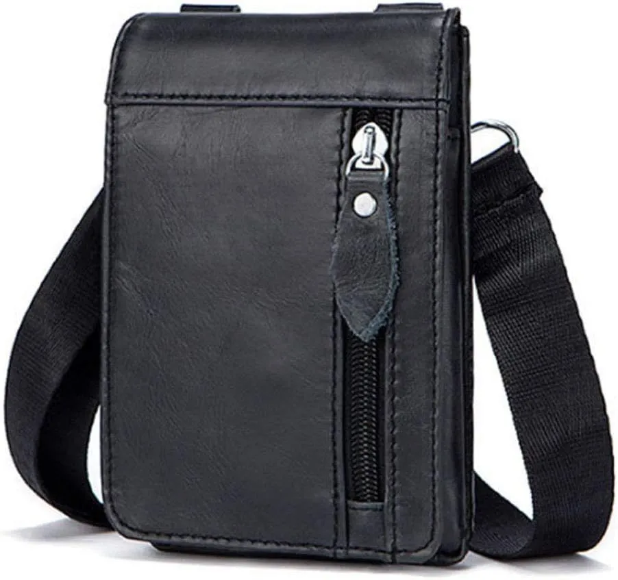 Small Leather Shoulder Crossbody Belt Bag Phone Wallet Purse Loop Holster Waist Fanny Pack Outdoor Camping Hiking Daypack (Black)