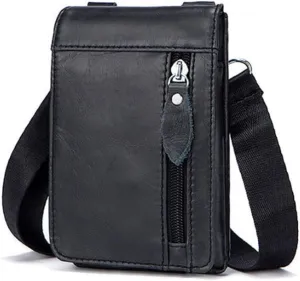 Small Leather Shoulder Crossbody Belt Bag Phone Wallet Purse Loop Holster Waist Fanny Pack Outdoor Camping Hiking Daypack (Black)