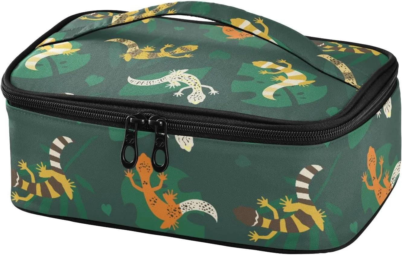 Small Lunch Bag for Kids Adult Seamless Leopard Skin Style Lizard Tropical Leaves Portable Thermal Insulated Lunch Box for Work, School, Picnic, Travel Loncheras Para Mujer Niños
