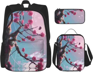 Small pink flowers Large capacity durable school bag   pencil case   lunch bag, accompany your children to study happily every day