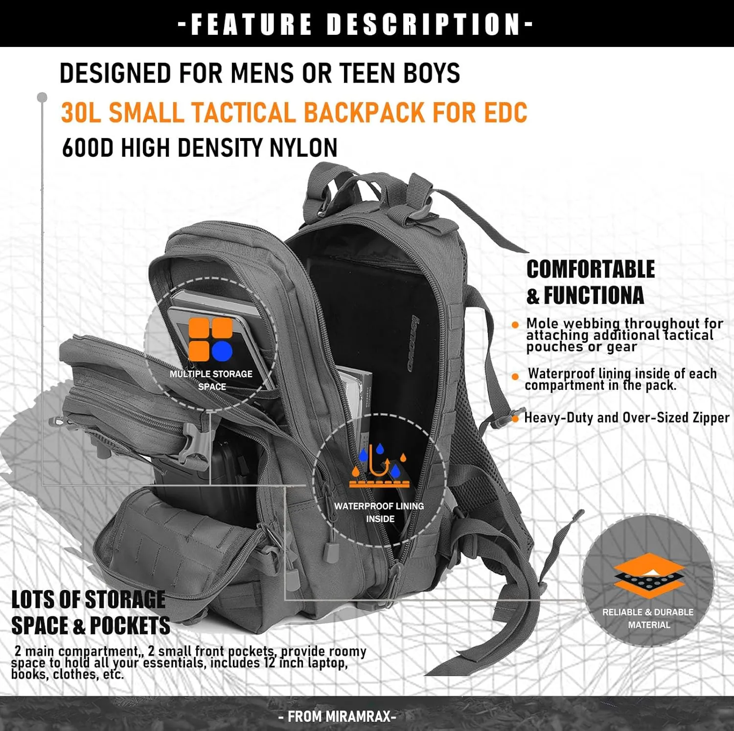 Small Tactical Backpack Military Daypack - 30L Backpack for Men Molle Assault Pack Bug Out Bag for Hiking Camping (Grey)