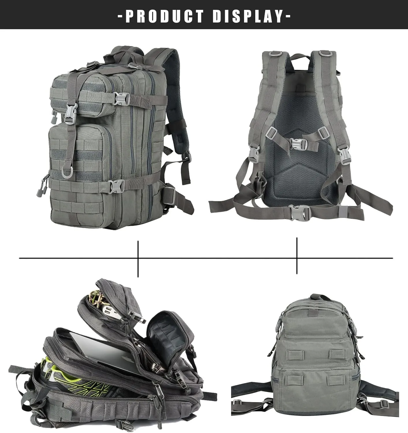 Small Tactical Backpack Military Daypack - 30L Backpack for Men Molle Assault Pack Bug Out Bag for Hiking Camping (Grey)