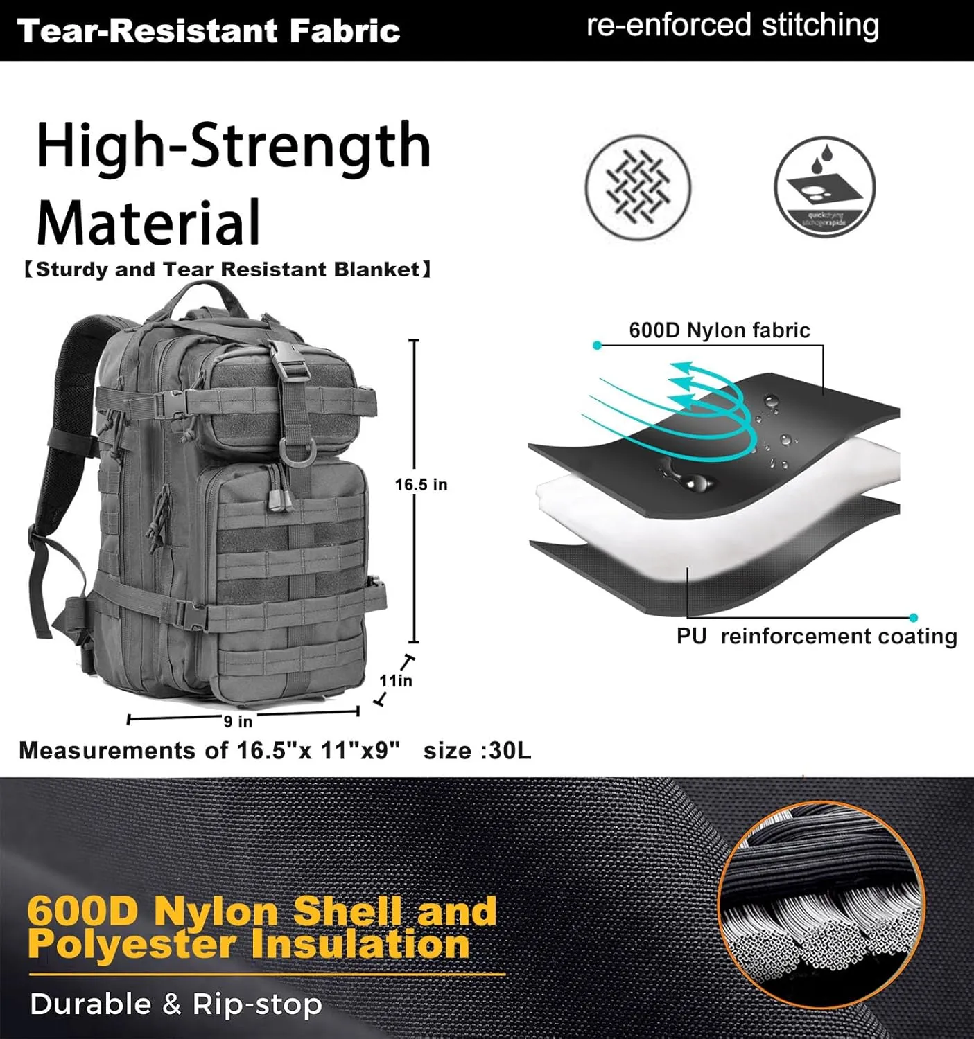 Small Tactical Backpack Military Daypack - 30L Backpack for Men Molle Assault Pack Bug Out Bag for Hiking Camping (Grey)