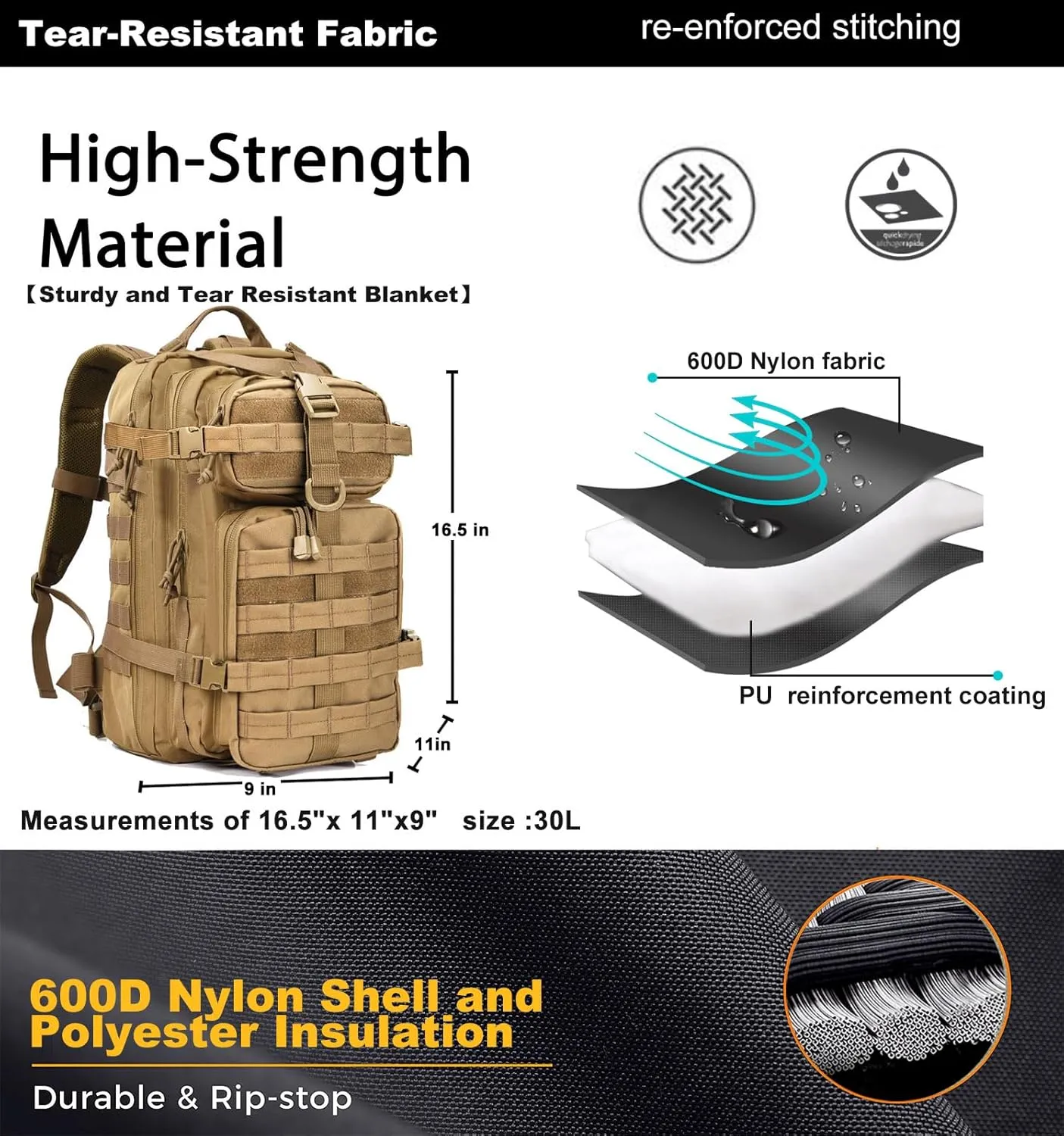 Small Tactical Backpack Military Daypack - 30L Backpack for Men Molle Assault Pack Bug Out Bag for Hiking Camping Travel Army Hunting Rucksack Trekking (Coyote)
