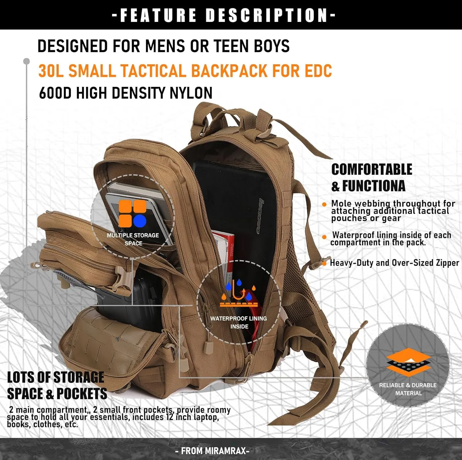 Small Tactical Backpack Military Daypack - 30L Backpack for Men Molle Assault Pack Bug Out Bag for Hiking Camping Travel Army Hunting Rucksack Trekking (Coyote)