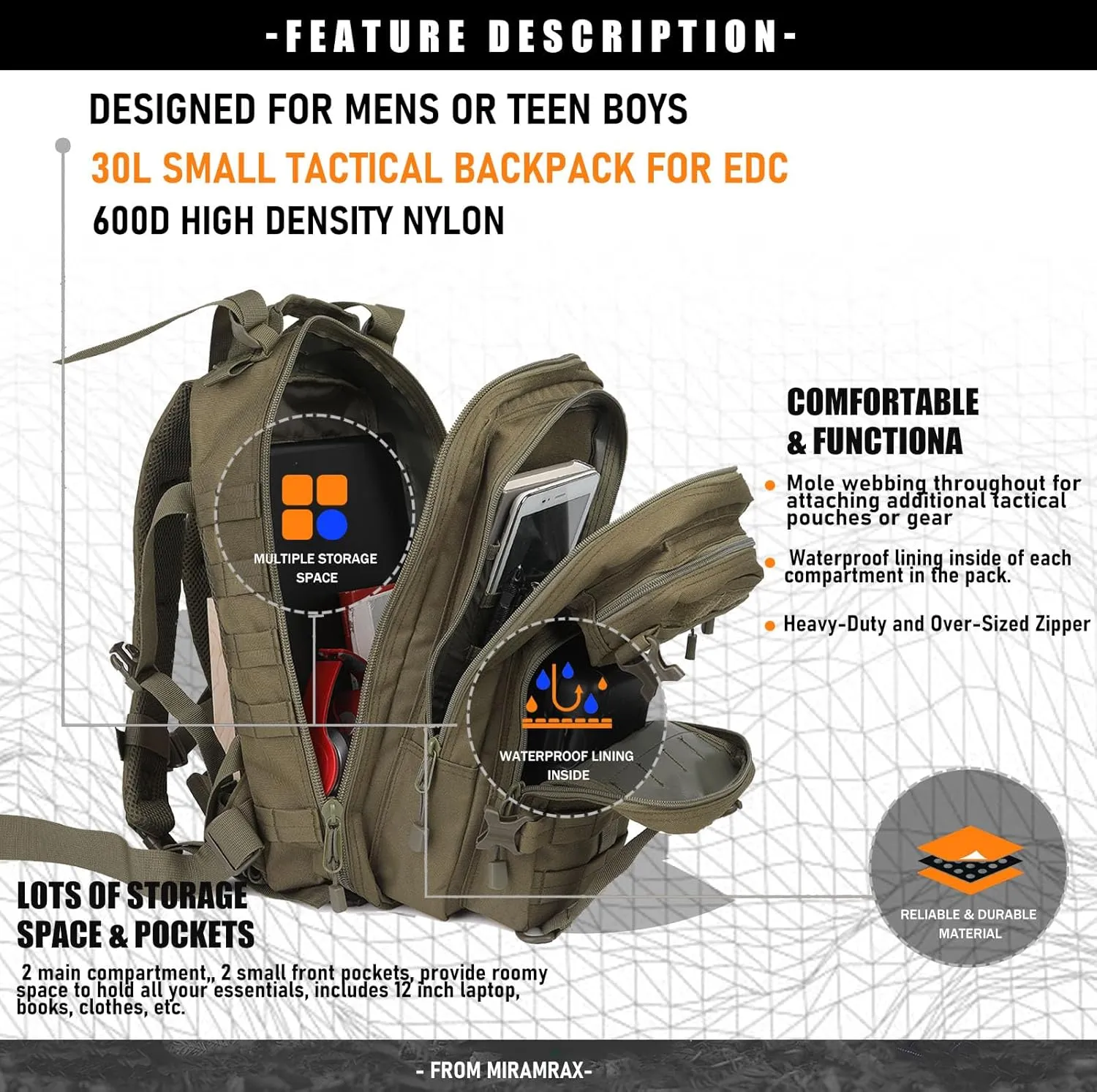 Small Tactical Backpack Military Daypack - 30L Backpack for Men Molle Assault Pack Bug Out Bag for Hiking Camping Travel Army Hunting Rucksack Trekking (Green)