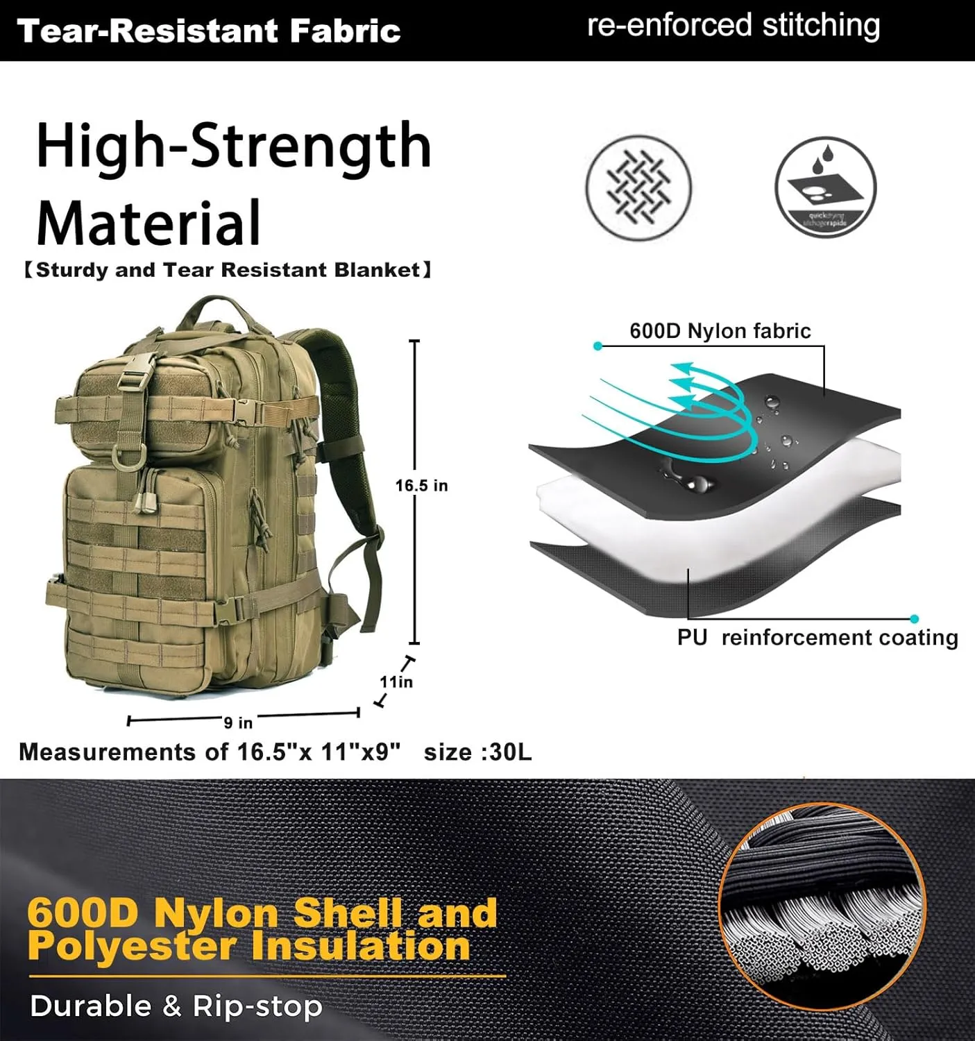 Small Tactical Backpack Military Daypack - 30L Backpack for Men Molle Assault Pack Bug Out Bag for Hiking Camping Travel Army Hunting Rucksack Trekking (Green)