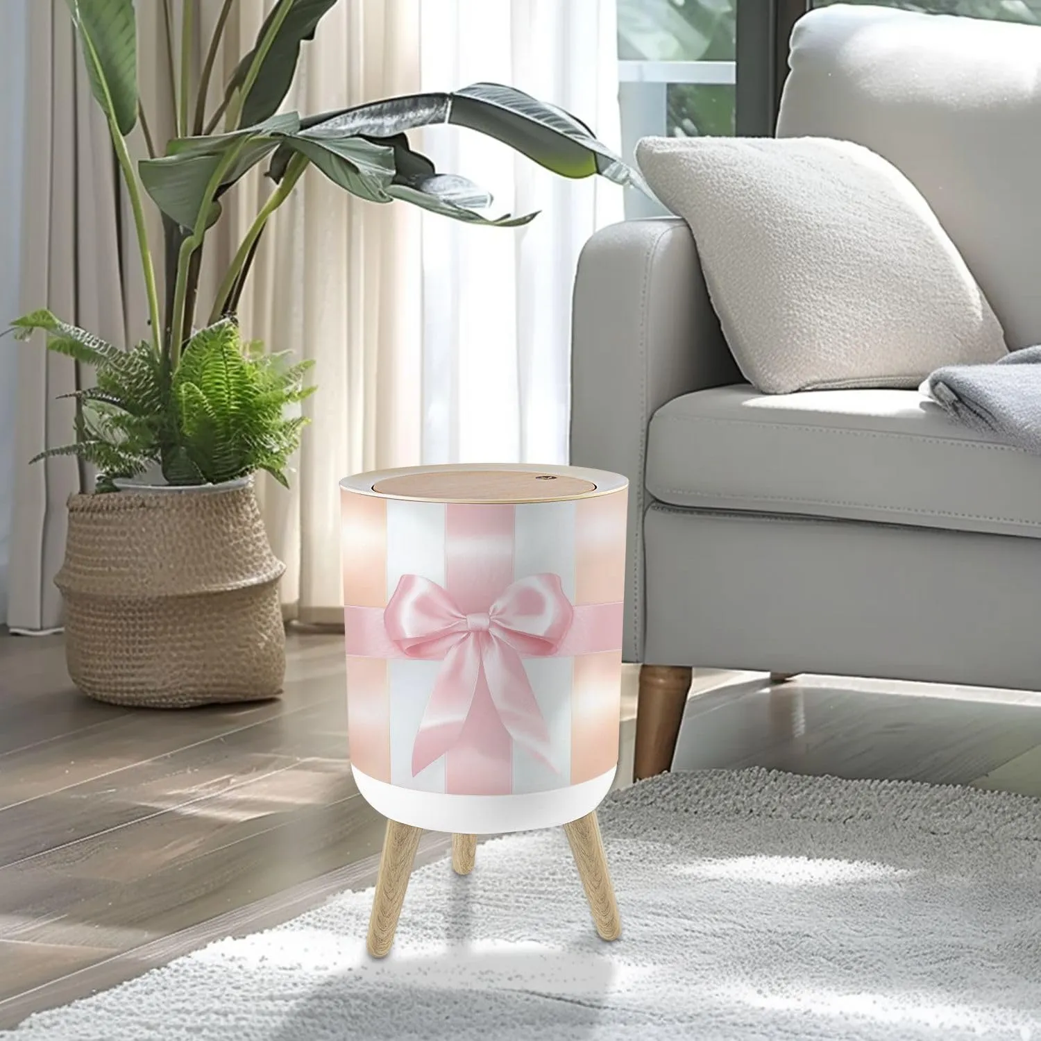 Small Trash Can with Lid Pink Ribbons Princess Bow Light Vertical Stripes Satin Texture Gift 1.8 Gallon/7L Garbage Can Waste Bin with Press Top Lid Legs Waste Basket for Bathroom Kitchen Bedroom