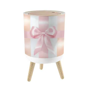 Small Trash Can with Lid Pink Ribbons Princess Bow Light Vertical Stripes Satin Texture Gift 1.8 Gallon/7L Garbage Can Waste Bin with Press Top Lid Legs Waste Basket for Bathroom Kitchen Bedroom