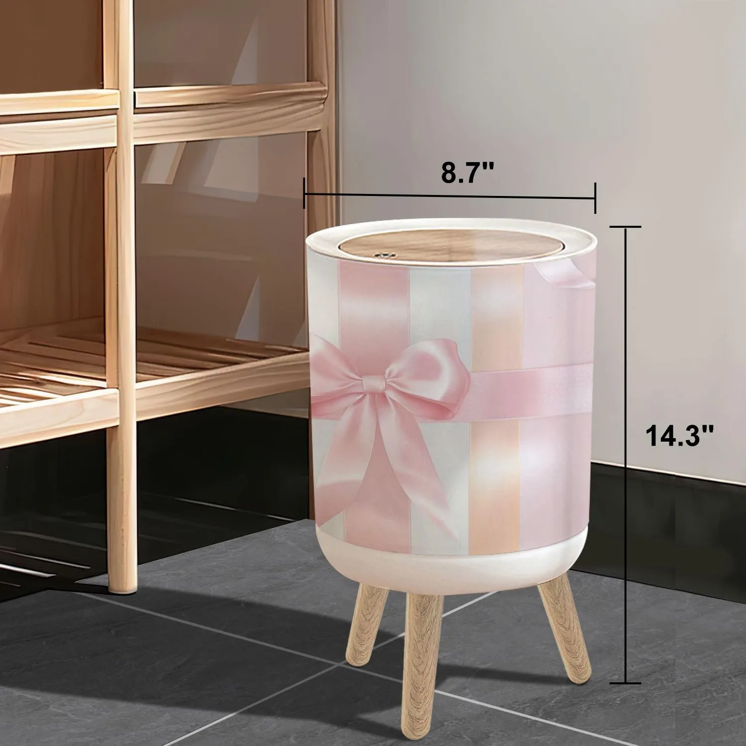Small Trash Can with Lid Pink Ribbons Princess Bow Light Vertical Stripes Satin Texture Gift 1.8 Gallon/7L Garbage Can Waste Bin with Press Top Lid Legs Waste Basket for Bathroom Kitchen Bedroom