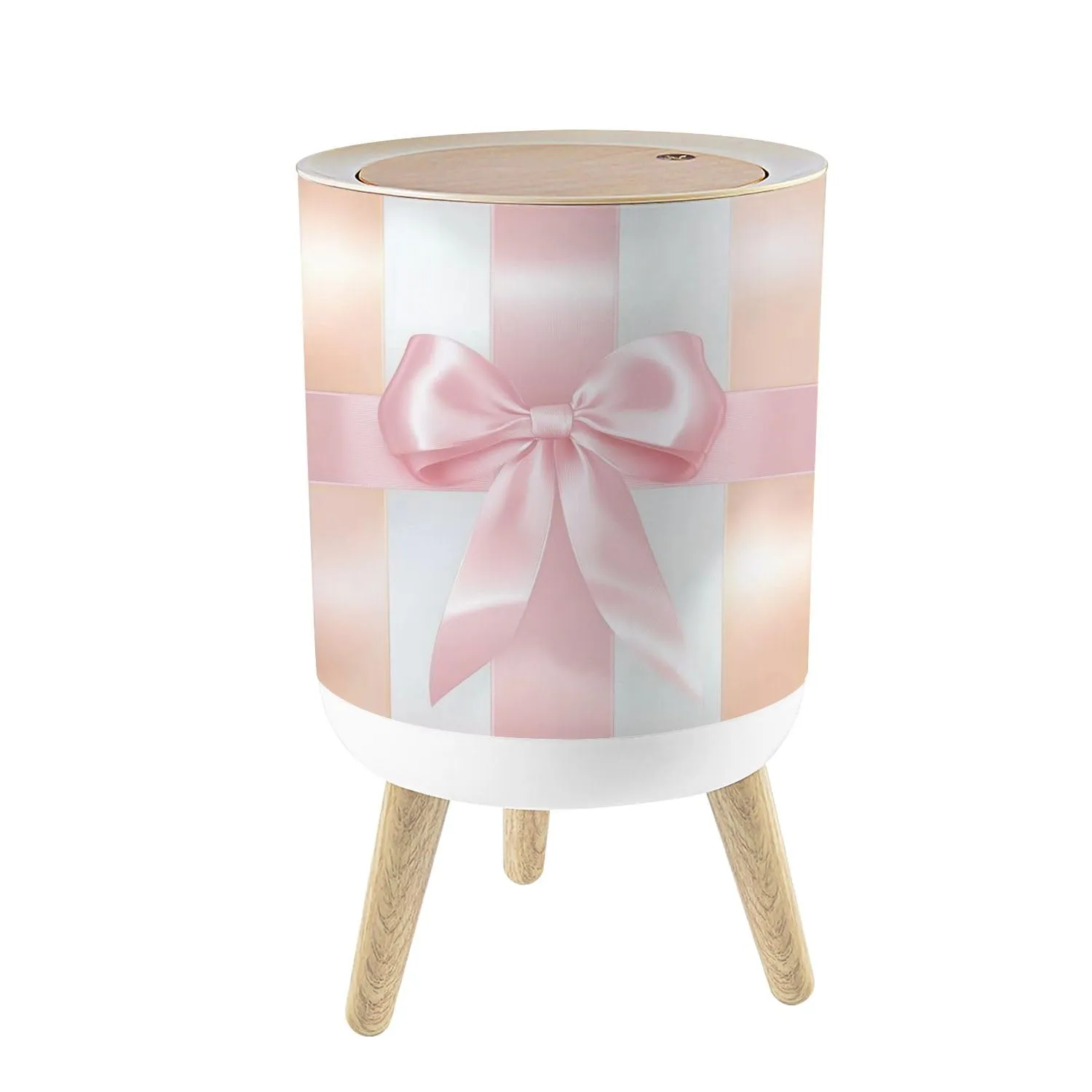 Small Trash Can with Lid Pink Ribbons Princess Bow Light Vertical Stripes Satin Texture Gift 1.8 Gallon/7L Garbage Can Waste Bin with Press Top Lid Legs Waste Basket for Bathroom Kitchen Bedroom