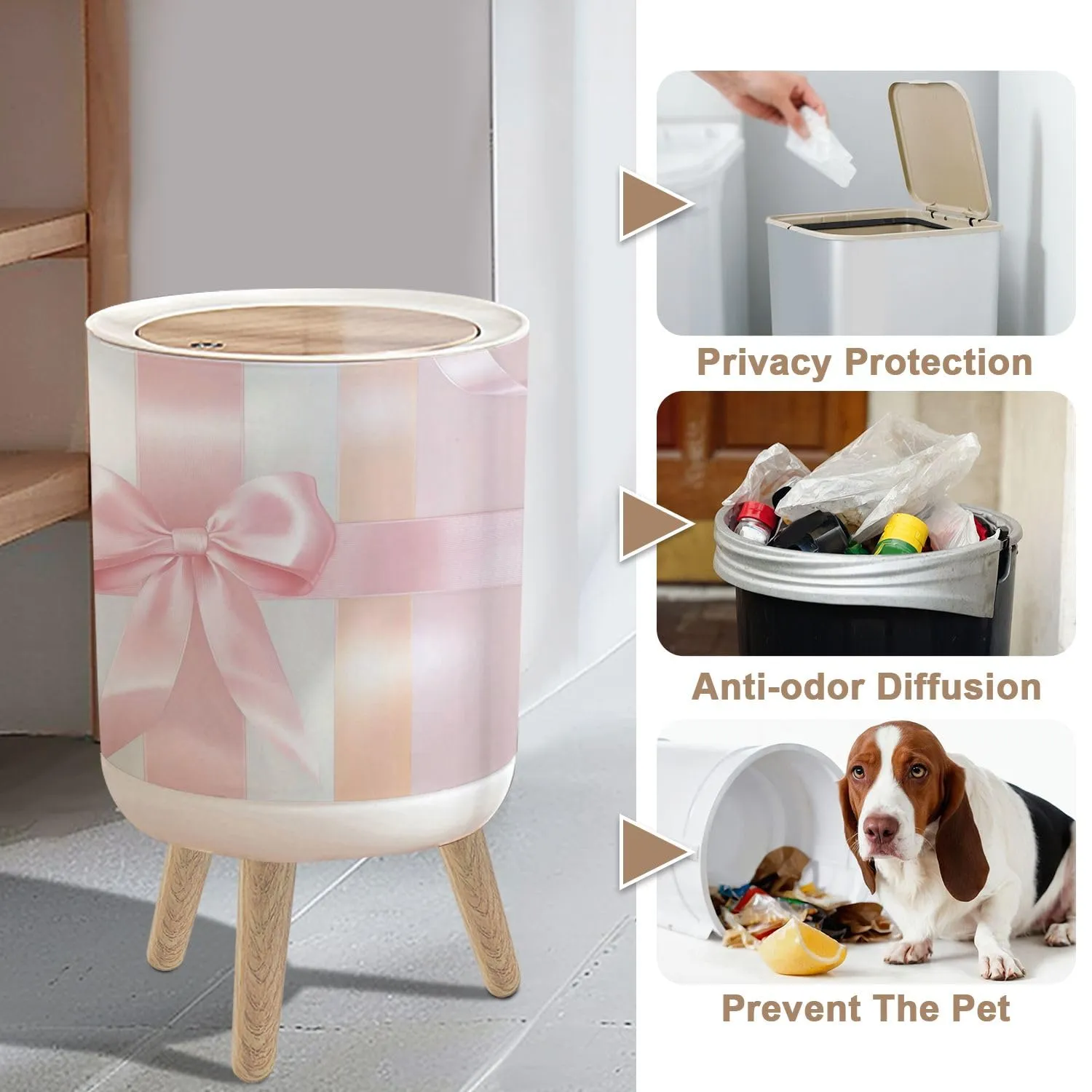 Small Trash Can with Lid Pink Ribbons Princess Bow Light Vertical Stripes Satin Texture Gift 1.8 Gallon/7L Garbage Can Waste Bin with Press Top Lid Legs Waste Basket for Bathroom Kitchen Bedroom