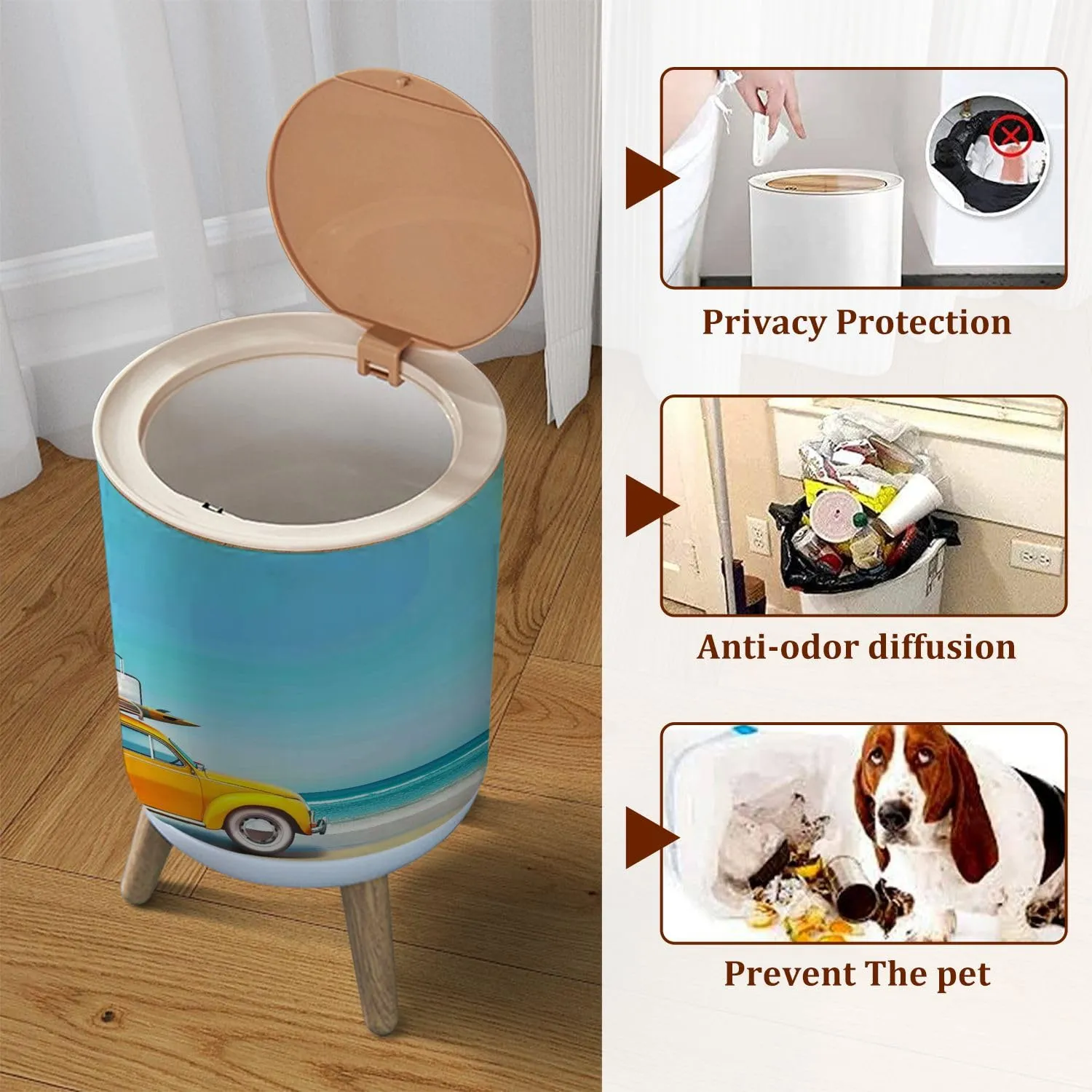 Small Trash Can with Lid Small Retro car Baggage Luggage Beach Equipment roof Fully Packed Garbage Bin Pet Proof Waste Basket for Kitchen Bathroom Office Bedroom Decorative 1.8 Gallon