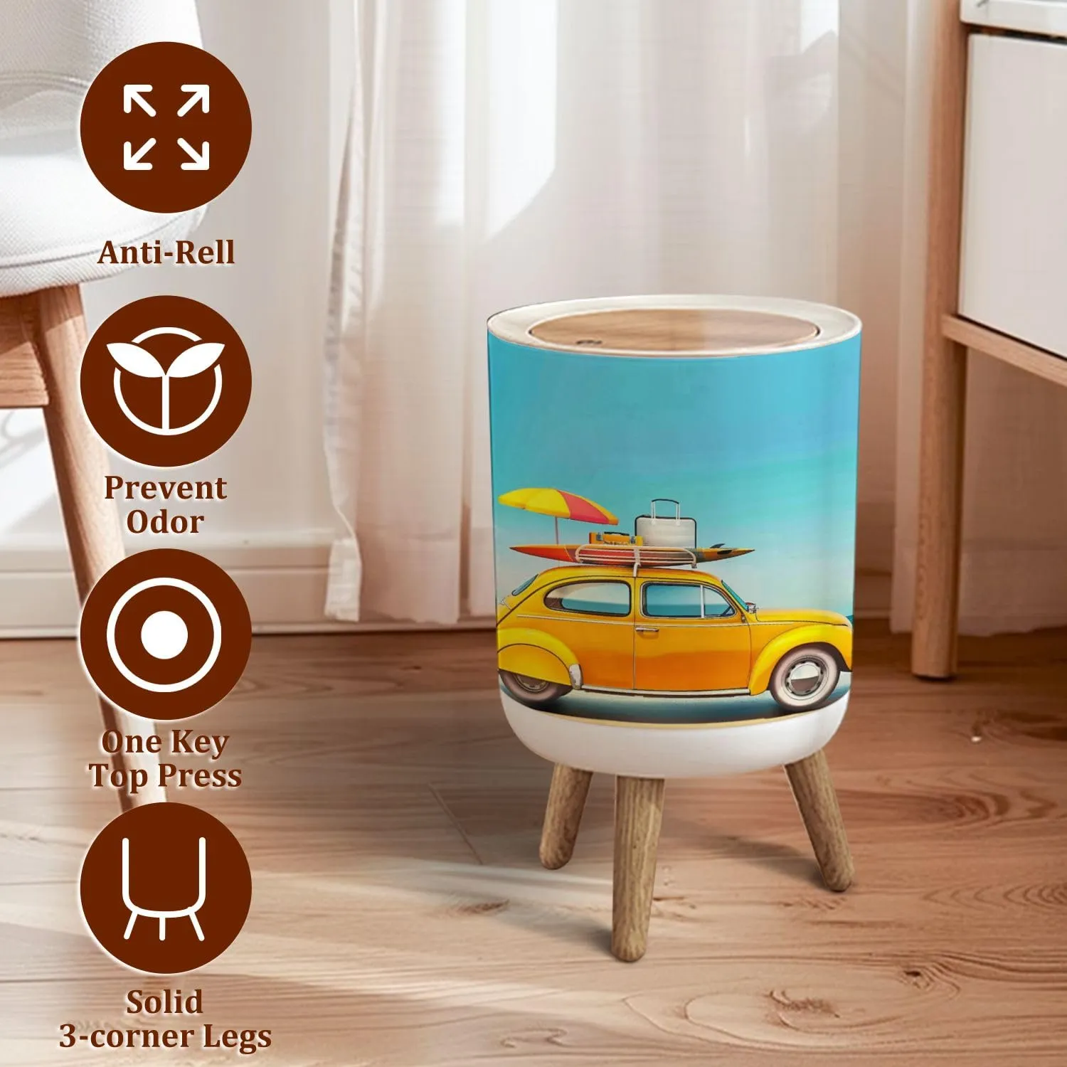 Small Trash Can with Lid Small Retro car Baggage Luggage Beach Equipment roof Fully Packed Garbage Bin Pet Proof Waste Basket for Kitchen Bathroom Office Bedroom Decorative 1.8 Gallon
