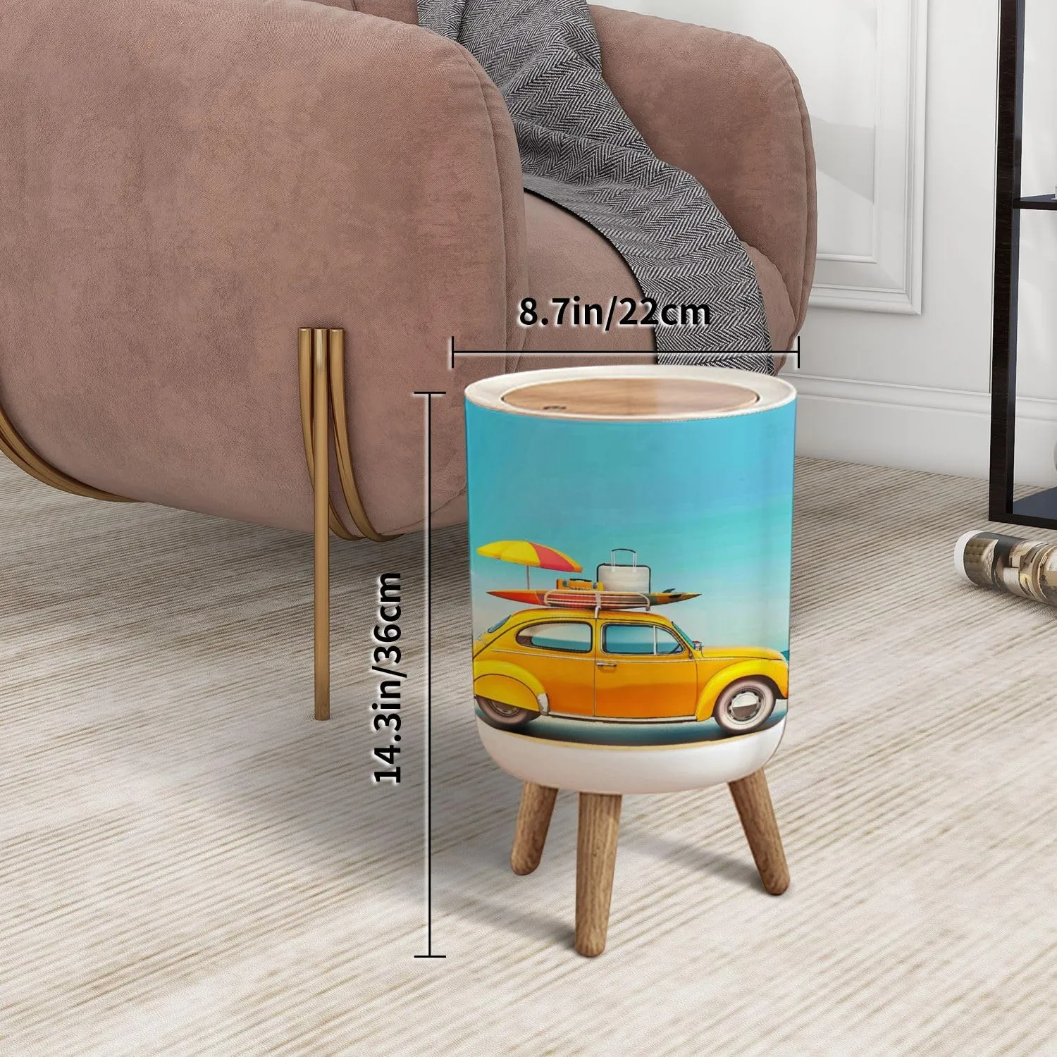 Small Trash Can with Lid Small Retro car Baggage Luggage Beach Equipment roof Fully Packed Garbage Bin Pet Proof Waste Basket for Kitchen Bathroom Office Bedroom Decorative 1.8 Gallon