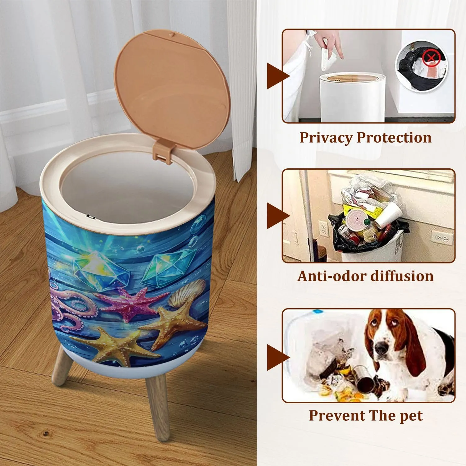 Small Trash Can with Lid Tranquil Artwork Octopus Starfish Wooden Planks Garbage Bin Pet Proof Waste Basket for Kitchen Bathroom Office Bedroom Decorative 1.8 Gallon