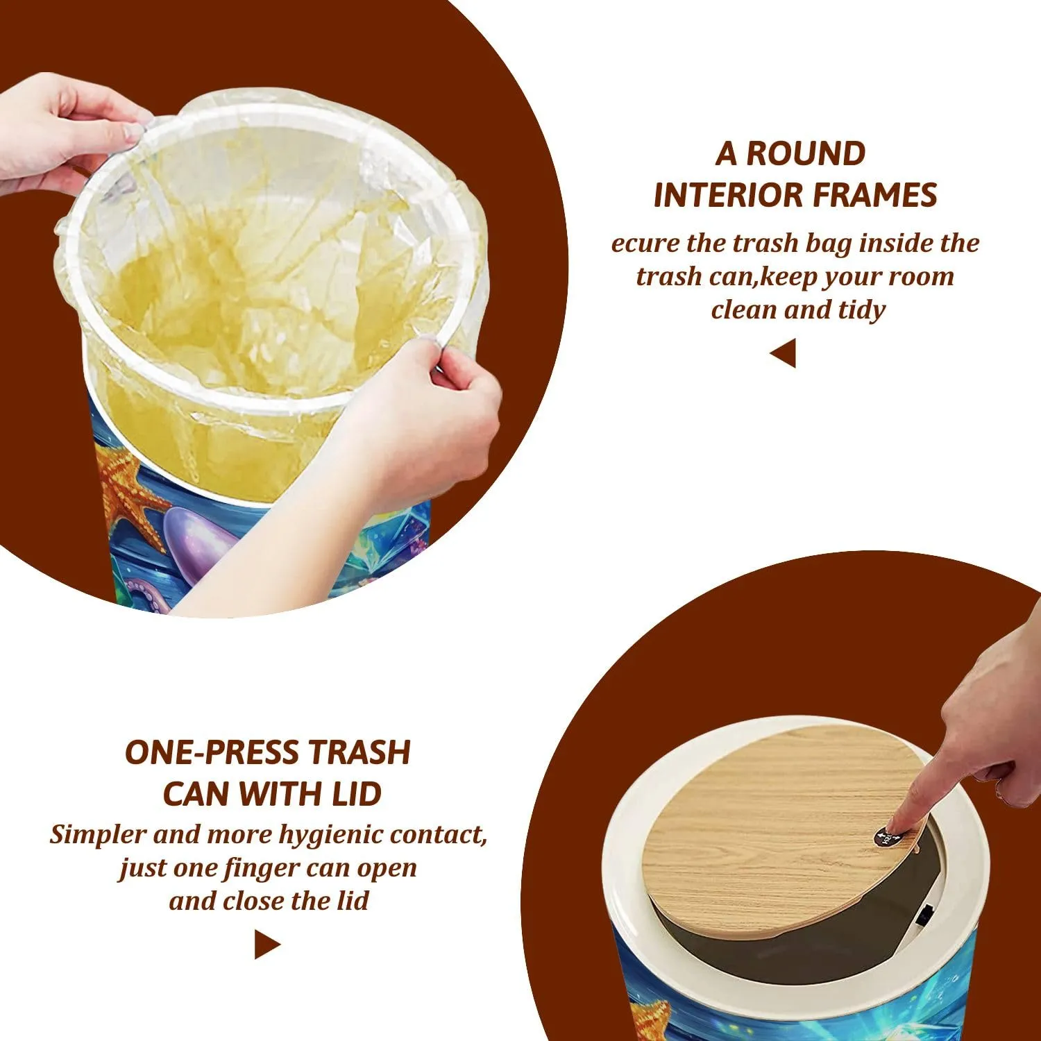 Small Trash Can with Lid Tranquil Artwork Octopus Starfish Wooden Planks Garbage Bin Pet Proof Waste Basket for Kitchen Bathroom Office Bedroom Decorative 1.8 Gallon