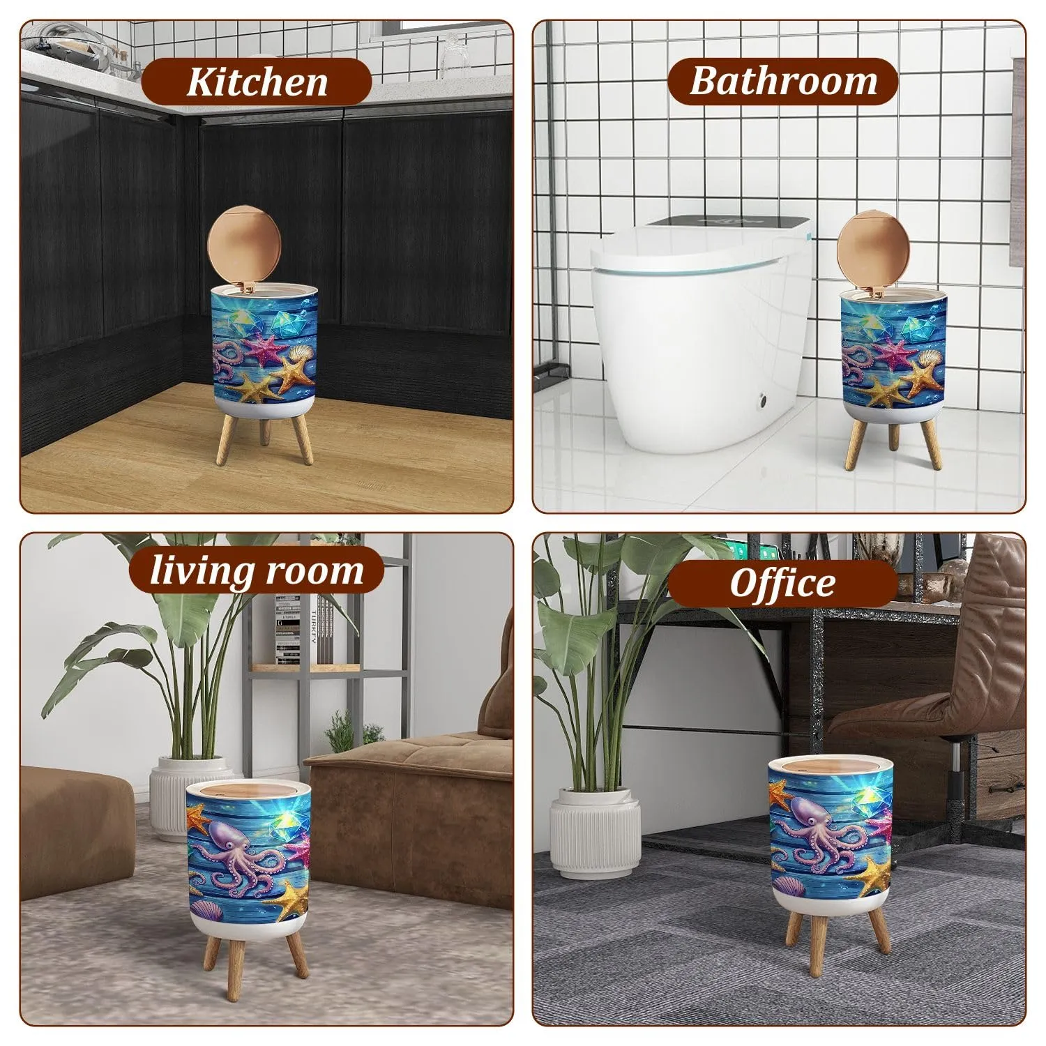 Small Trash Can with Lid Tranquil Artwork Octopus Starfish Wooden Planks Garbage Bin Pet Proof Waste Basket for Kitchen Bathroom Office Bedroom Decorative 1.8 Gallon
