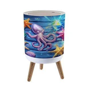 Small Trash Can with Lid Tranquil Artwork Octopus Starfish Wooden Planks Garbage Bin Pet Proof Waste Basket for Kitchen Bathroom Office Bedroom Decorative 1.8 Gallon
