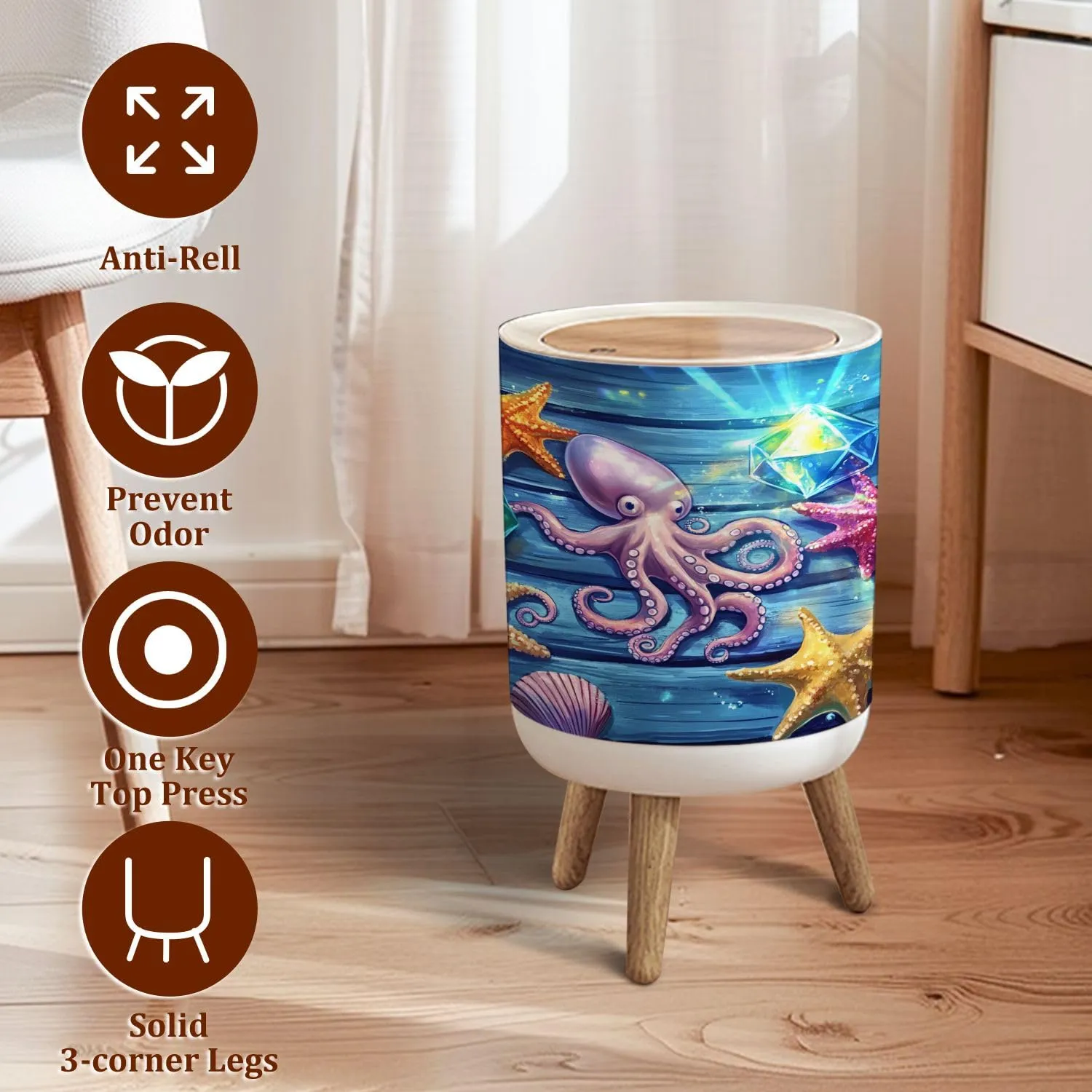 Small Trash Can with Lid Tranquil Artwork Octopus Starfish Wooden Planks Garbage Bin Pet Proof Waste Basket for Kitchen Bathroom Office Bedroom Decorative 1.8 Gallon