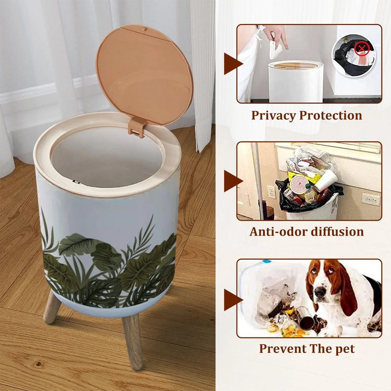Small Trash Can with Lid Tropical Palm Leaves Seamless Floral Garbage Bin Pet Proof Waste Basket for Kitchen Bathroom Office Bedroom Decorative 1.8 Gallon