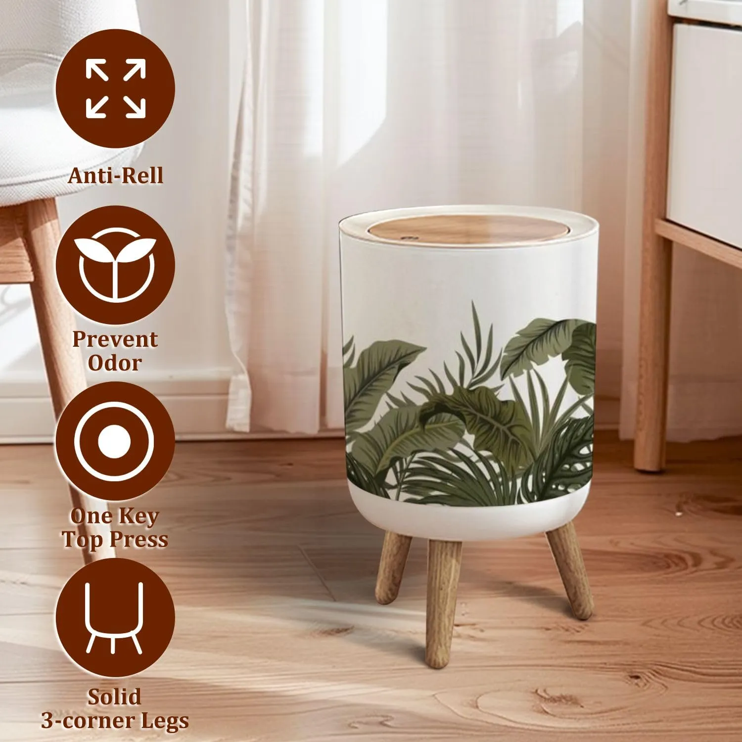 Small Trash Can with Lid Tropical Palm Leaves Seamless Floral Garbage Bin Pet Proof Waste Basket for Kitchen Bathroom Office Bedroom Decorative 1.8 Gallon