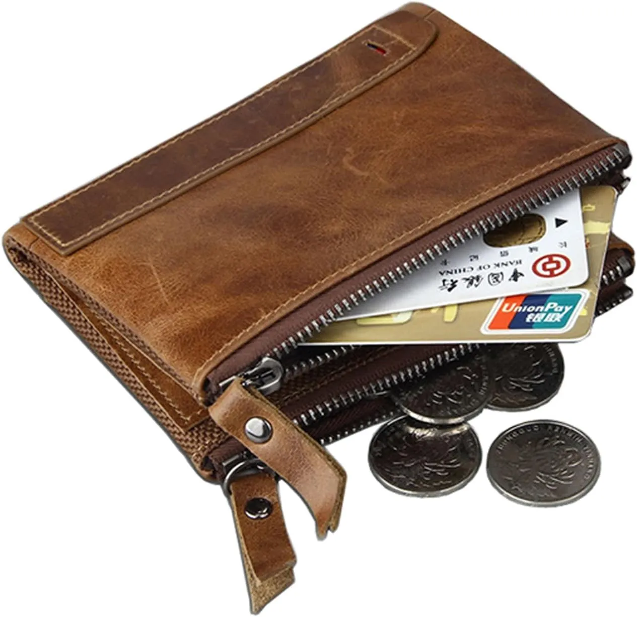 small wallet for women Leather Bifold Compact Card Holder Zipper Pocket Wallet RFID Blocking Card Case Purse with ID Window(brown)