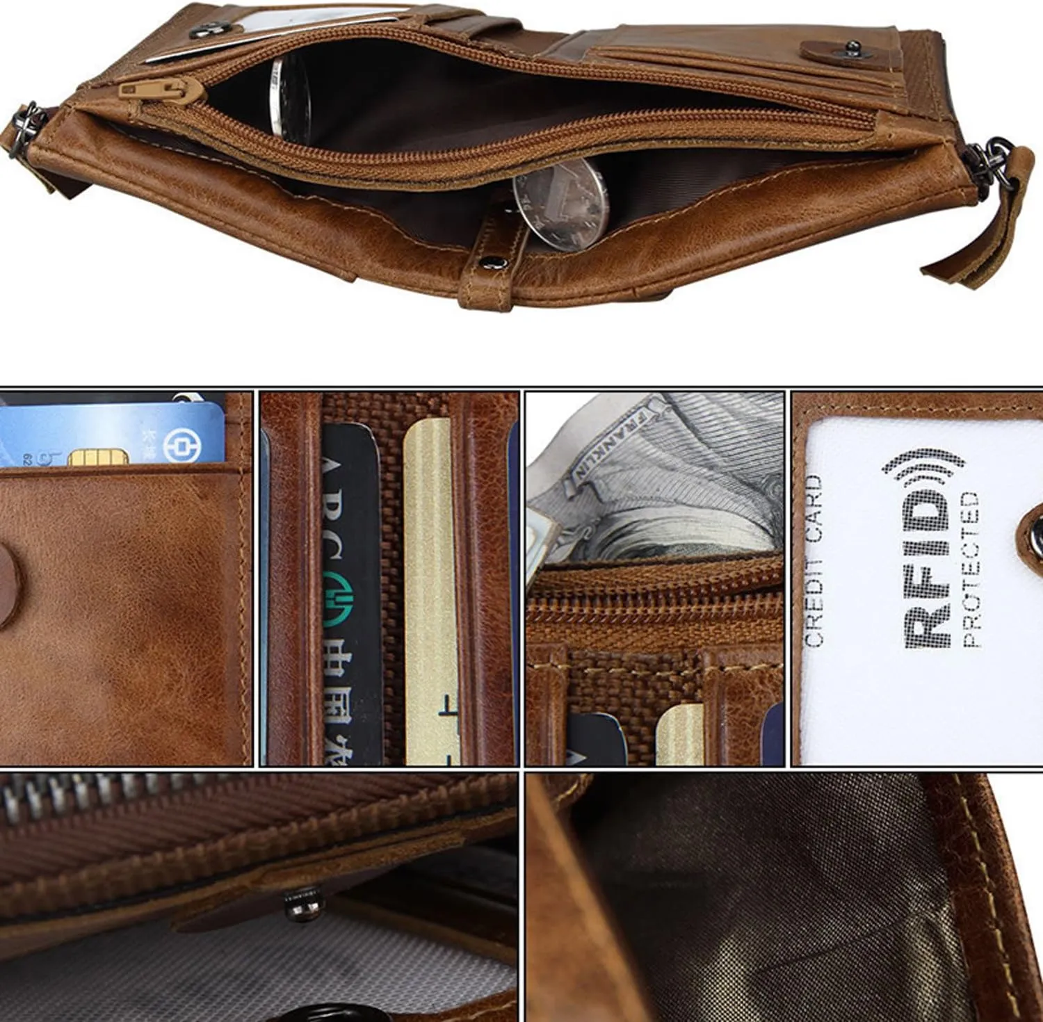 small wallet for women Leather Bifold Compact Card Holder Zipper Pocket Wallet RFID Blocking Card Case Purse with ID Window(brown)