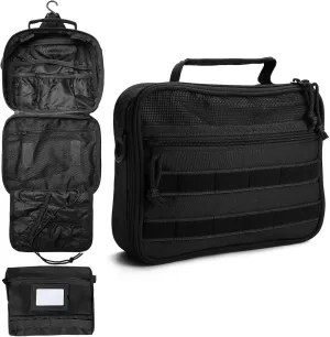 SMONT Mens Toiletry Travel Bag With Double Side full Open Design Travel Toiletry Organizer Dopp Kit Shaving Hygiene Bag Bathroom Hanging Toiletry Bag for Short Trips Tactical Toiletry Bag Black