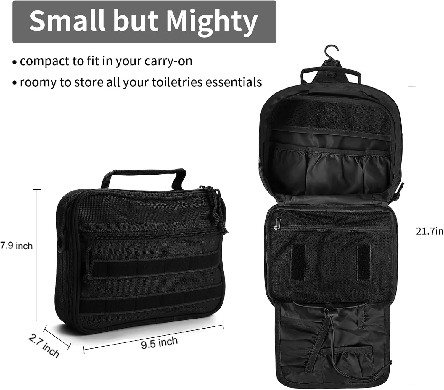 SMONT Mens Toiletry Travel Bag With Double Side full Open Design Travel Toiletry Organizer Dopp Kit Shaving Hygiene Bag Bathroom Hanging Toiletry Bag for Short Trips Tactical Toiletry Bag Black
