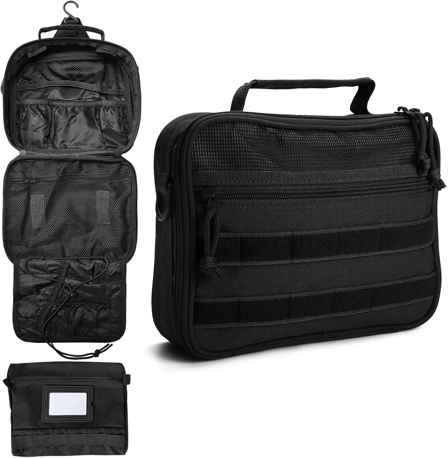 SMONT Mens Toiletry Travel Bag With Double Side full Open Design Travel Toiletry Organizer Dopp Kit Shaving Hygiene Bag Bathroom Hanging Toiletry Bag for Short Trips Tactical Toiletry Bag Black