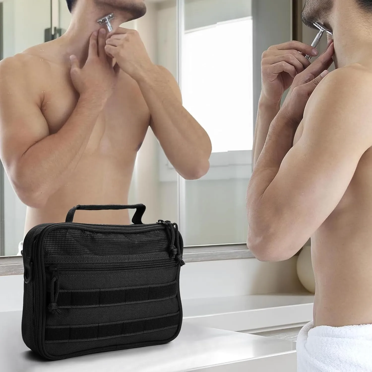 SMONT Mens Toiletry Travel Bag With Double Side full Open Design Travel Toiletry Organizer Dopp Kit Shaving Hygiene Bag Bathroom Hanging Toiletry Bag for Short Trips Tactical Toiletry Bag Black