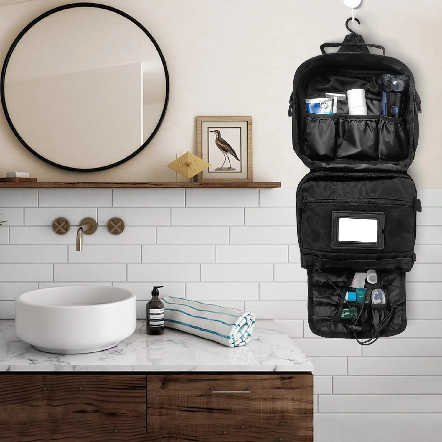 SMONT Mens Toiletry Travel Bag With Double Side full Open Design Travel Toiletry Organizer Dopp Kit Shaving Hygiene Bag Bathroom Hanging Toiletry Bag for Short Trips Tactical Toiletry Bag Black
